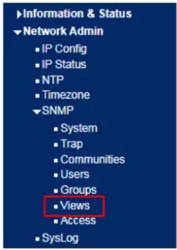 Information & Status Network Admin IP Config IP Status NTP Timezone SNMP System Trap Communities Users Groups Views Access SysLog