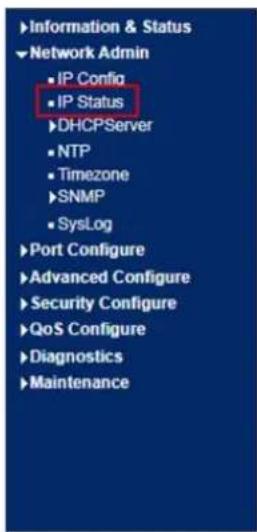 Information & Status Network Admin IP Config IP Status DHCPServer NTP Timezone SNMP SysLog Port Configure Advanced Configure Security Configure QoS Configure Diagnostics Maintenance