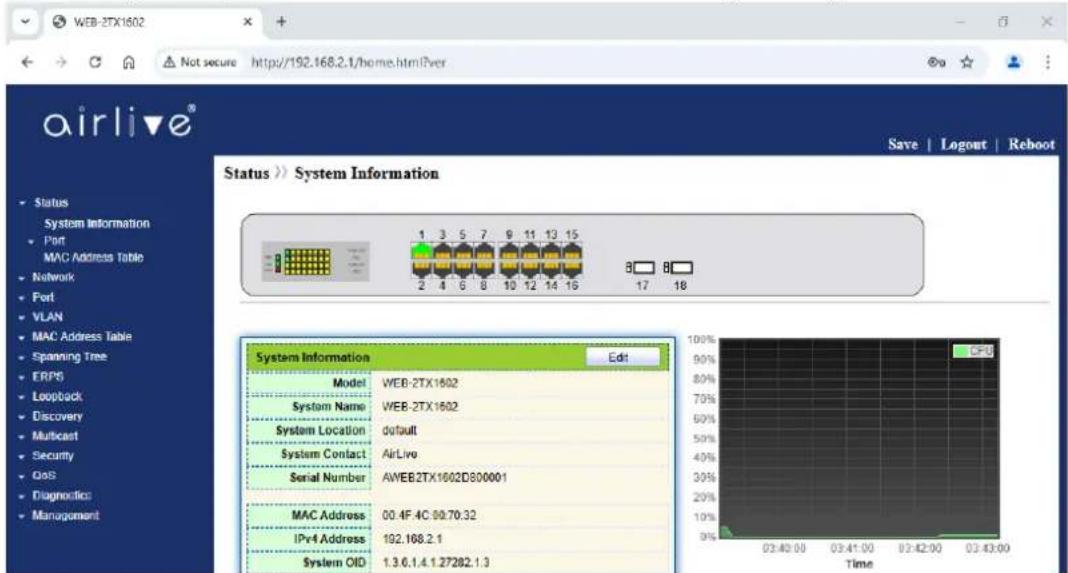 WEB-2TX1602 Not secure http://192.168.2.1/home.html?ver airlive® Status >> System Information Save | Logout | Reboot System Information Edit Model WEB-2TX1602 System Name WEB-2TX1602 System Location default System Contact AirLive Serial Number AWEB2TX1602D800001 MAC Address 00.4F.4C 00:70:32 IPr4 Address 192.168.2.1 System OID 1.3.6.1.4.1.27282.1.3 CPB Time