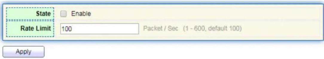 State Enable Rate Limit 100 Packet / Sec (1 - 600, default 100) Apply