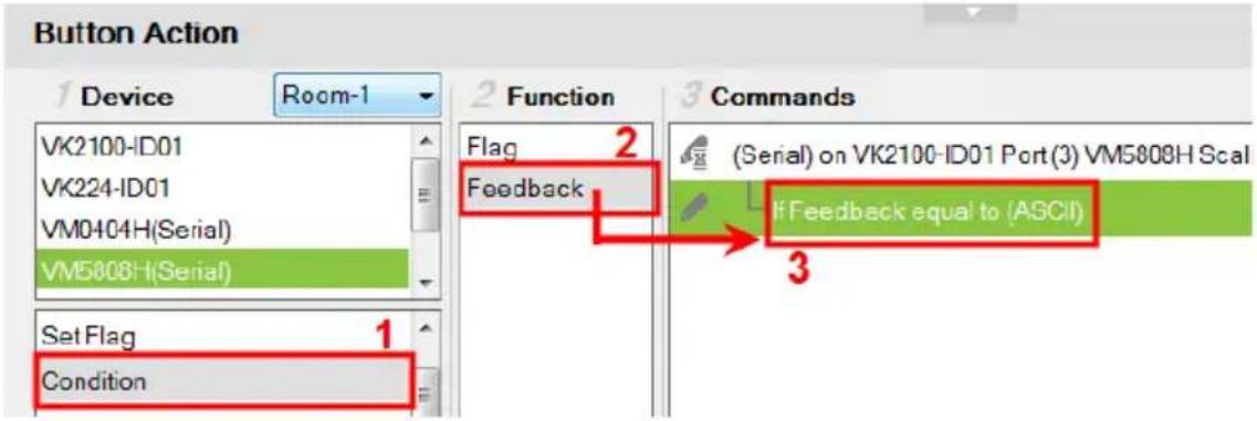 Button Action 1 Device Room-1 VK2100-ID01 VK224-ID01 VM0404H(Serial) VM5808H(Serial) Set Flag Condition 2 Function 3 Commands Flag 2 (Serial) on VK2100-ID01 Port(3) VM5808H Scal Feedback If Feedback equal to (ASCII) 3