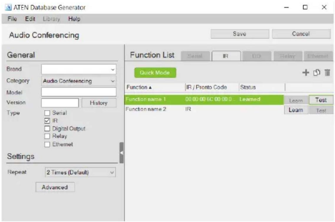 ATEN Database Generator File Edit Library Help Audio Conferencing Save Cancel General Brand Category Audio Conferencing Model Version History Type Serial IR Pronto Code Status Digital Output Leamed Relay Ethernet Settings Repeat 2 Times (Default) Advanced Function List Serial IR RR Relay Ethernet Qu…