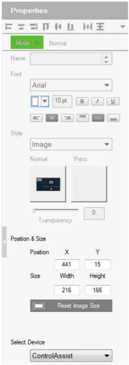 Properties Mode Normal Name Font Arial 10 pt B I U Style Image Normal Press Transparency 0 Position & Size Position X Y 441 15 Size Width Height 216 166 Reset Image Size Select Device ControlAssist