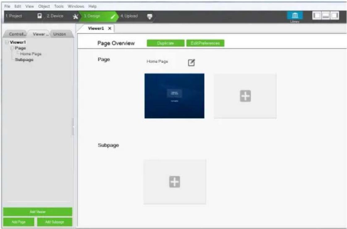 File Edit View Object Tools Windows Help 1. Project 2. Device 3. Design 4. Upload Viewer1 Page Overview Delete Edit Preferences Page Home Page Subpage Add Viewer Add Page Add Subpage