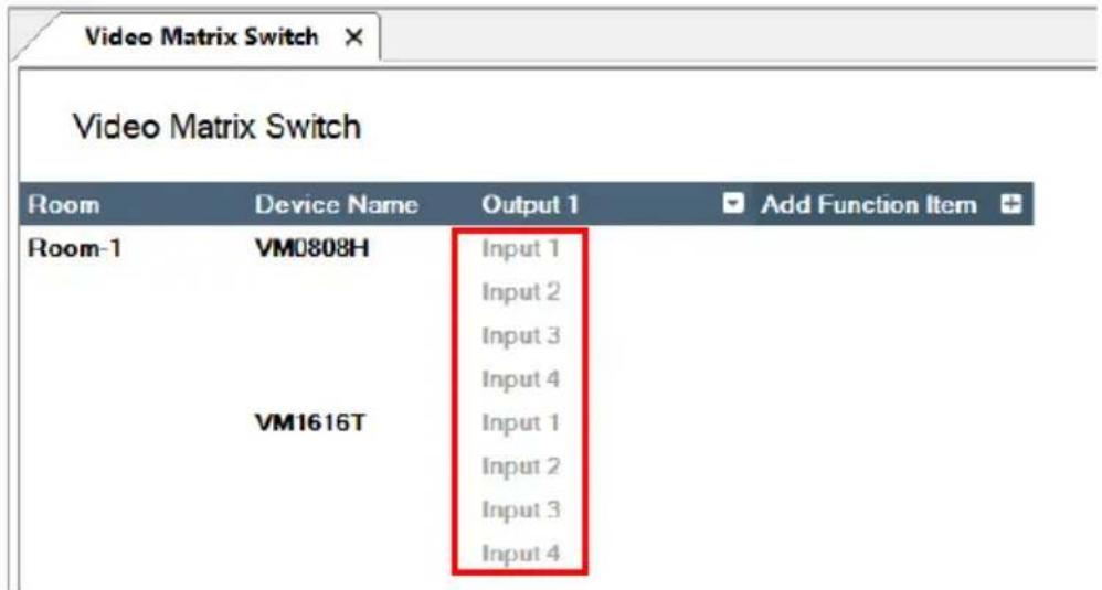 Video Matrix Switch Video Matrix Switch Room Device Name Output 1 Add Function Item Room-1 VM0808H Input 1 Input 2 Input 3 Input 4 VM1616T Input 1 Input 2 Input 3 Input 4