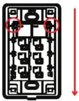 Diagram of a rectangular device with internal circuit layout and red arrows indicating direction or flow, featuring two circled regions.