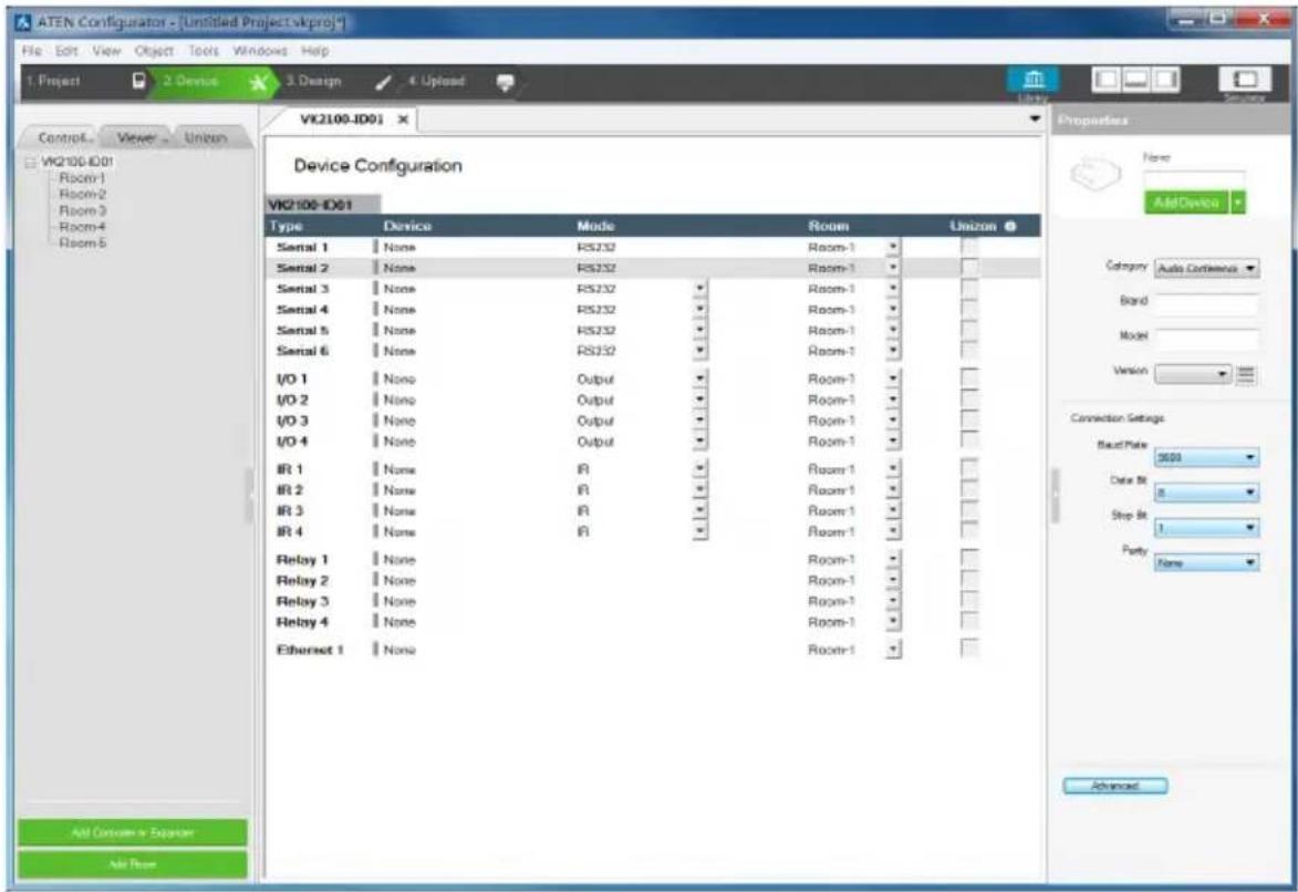 ATEN Configurator - [Untitled Project vkproj*] File Edit View Object Tools Windows Help 1 Project 2 Device 3 Design 4 Upload Control Viewer Unión VK2100-ID01 VK2100-ID01 Type Device Mode Room Unizon Serial 1 None RS232 Room-1 Serial 2 None RS232 Room-1 Serial 3 None RS232 Room-1 Serial 4 None RS232…