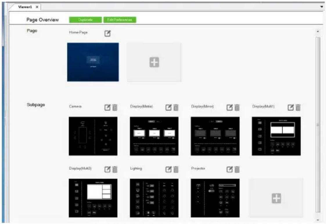 Viewer1 Page Overview Duplicate Edit Preferences Page HomePage Subpage Camera Display(Multi) Display(Mirror) Display(Multi1) Display(Multi) Lighting Projector