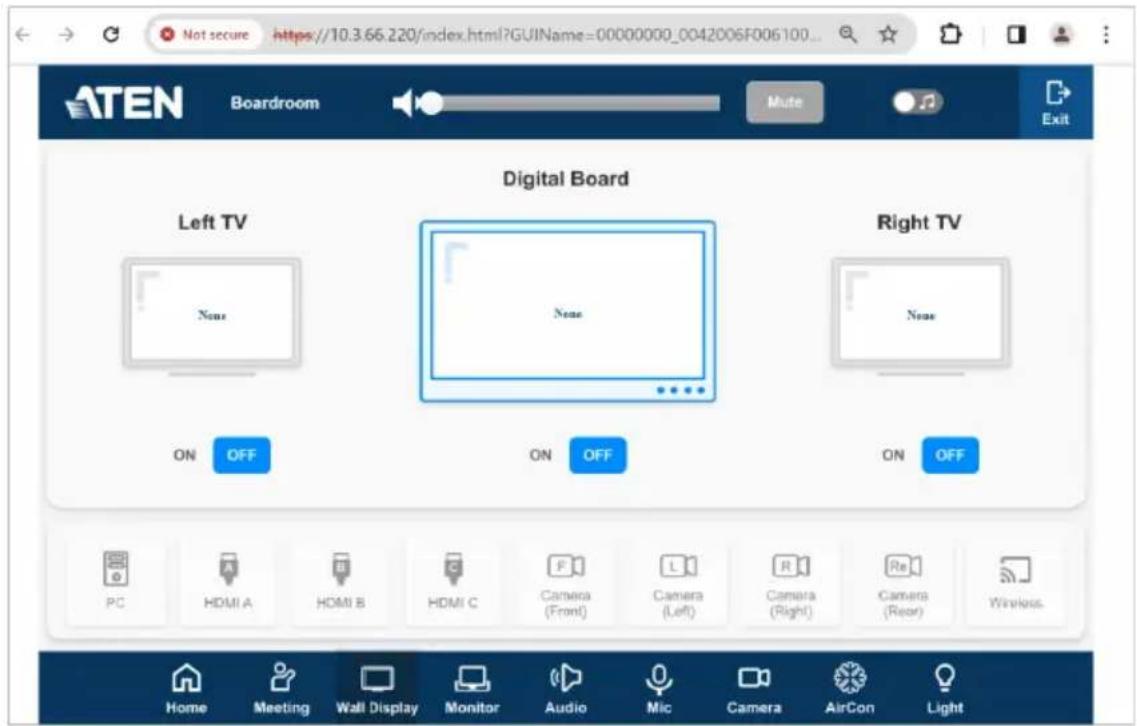 Not secure https://10.3.66.220/index.html?GUIName=00000000_0042006F006100... ATEN Boardroom Mute Exit Digital Board Left TV None None Right TV None ON OFF ON OFF ON OFF PC HDMI A HDMI B HDMI C Camera (Front) Camera (Left) Camera (Right) Camera (Rear) Wireless Home Meeting Wall Display Monitor Audio…