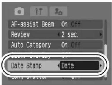 CANON IXUS 900 Ti - (Rec.) Menu ▶ [Date Stamp] ▶ [Off]\*/[Date]/[Date &amp; Time]. - 1
