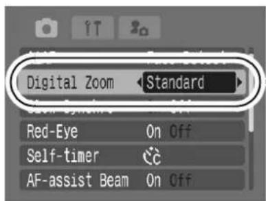 CANON IXUS 900 Ti - (Rec.) Menu ▶ [Digital Zoom] ▶ [Standard]\*/[Off]/[1.4x]/[2.3x]. - 1