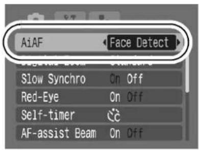 CANON IXUS 900 Ti - (Rec.) Menu ▶ [AiAF] ▶ [Face Detect] \* / [On] / [Off]. - 1