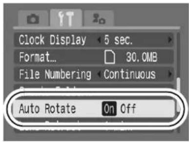 CANON IXUS 900 Ti - (Set up) Menu ▶ [Auto Rotate] ▶ [On]\*/ [Off]. - 1