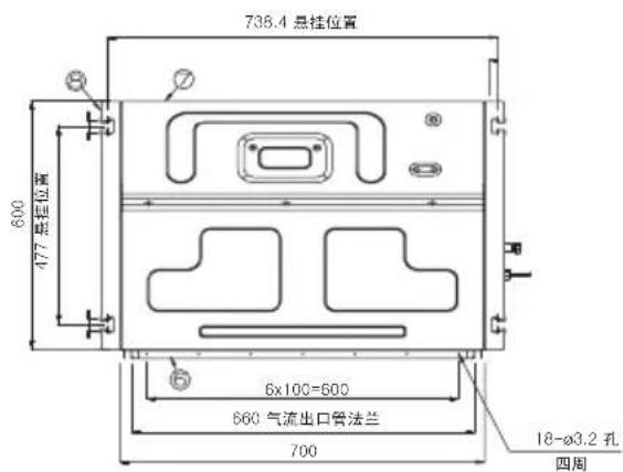 738.4 悬挂位置 600 477 悬挂位置 6x100=600 660 气流出口管法兰 700 18-Ø3.2 孔 四周