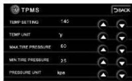 TPMS TEMP SETTING 140 TEMP UNIT 'y' MAX TIRE PRESSURE 60 MIN TIRE PRESSURE 25 PRESSURE UNIT kps