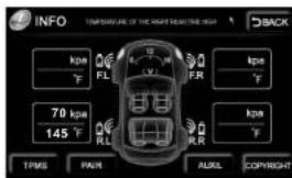 INFO TIMESHANE OF THE RRAFT REMAINING BACK kpa FL 70 kpa 145 °F kpa FR kpa FR kpa TPMS HAIR AUXL COPYRIGHT