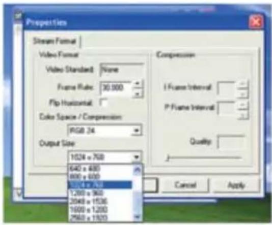 Properties Stream Format Video Format Video Standard: None Frame Rate: 30.000 Flip Horizontal: Color Space / Compression: RGB 24 Output Size: 1524 x 768 640 x 490 800 x 600 334 x 192 1,200 x 960 2040 x 1536 1600 x 1,200 2563 x 1923 Compression I Frame Interval: P Frame Interval: Quality: Cancel Apply
