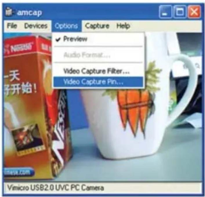 amcap File Devices Options Capture Help Preview Audio Format... Video Capture Filter... Video Capture Pin... Vimicro USB2.0 UVC PC Camera