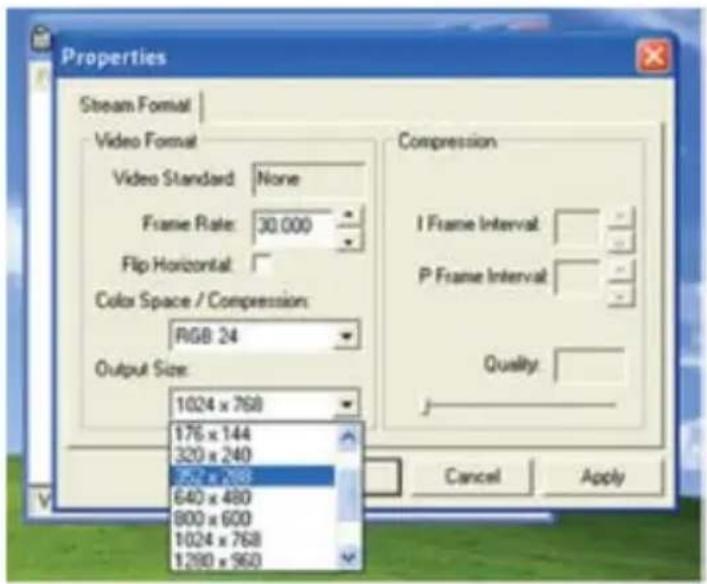 Properties Stream Format | Video Format Video Standard: None Frame Rate: 30.000 Flip Horizontal: Color Space / Compression: RGB: 24 Output Size: 1024 x 768 176 x 144 320 x 240 557 x 268 640 x 480 800 x 600 1024 x 768 1290 x 960 Compression I Frame Interval: P Frame Interval: Quality: Cancel Apply
