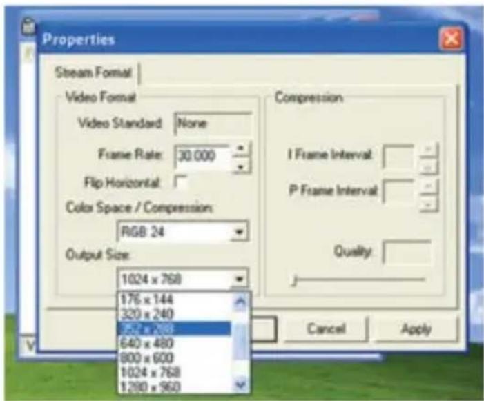 Properties Stream Format | Video Format Video Standard: None Frame Rate: 30.000 Flip Horizontal: Color Space / Compression: RGB: 24 Output Size: 1024 x 768 176 x 144 320 x 240 501 x 768 640 x 480 900 x 600 1024 x 768 1290 x 960 Compression I Frame Interval: P Frame Interval: Quality: Cancel Apply