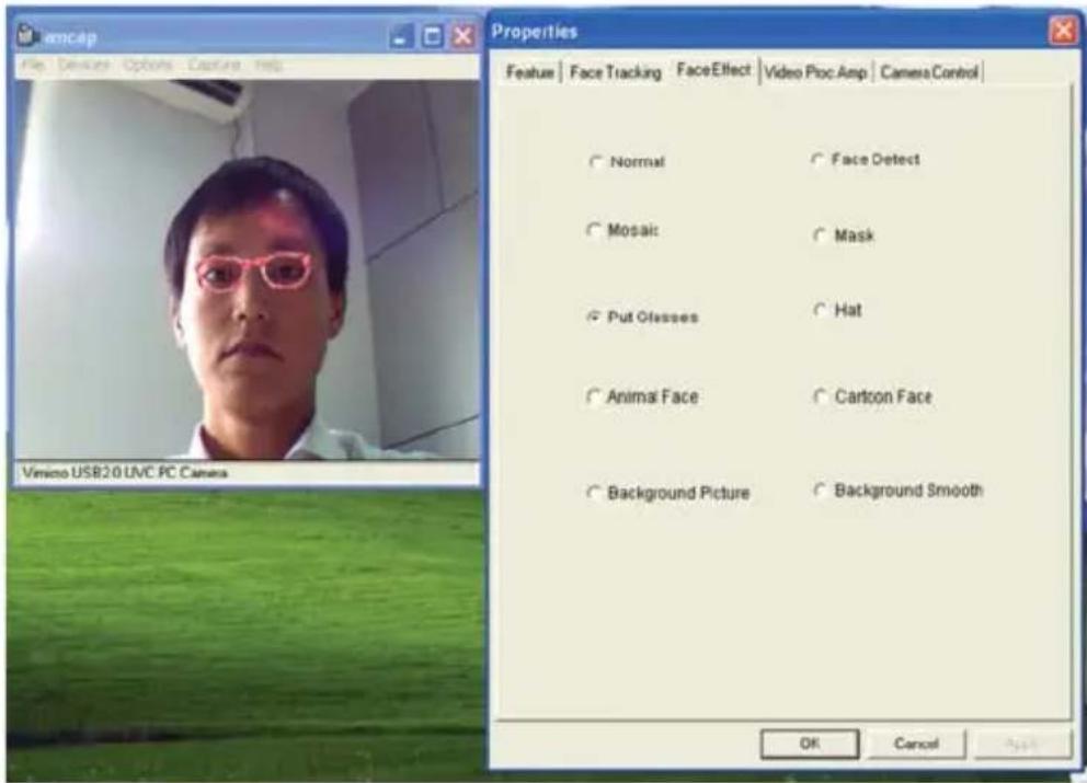 Vimino USB20 UVC PC Camera Features Face Tracking FaceEffect Video Ploc Amp Camera Control Normal Face Detect Mosaic Mask Put Glasses Hat Animal Face Cartoon Face Background Picture Background Smooth OK Cancel Apply