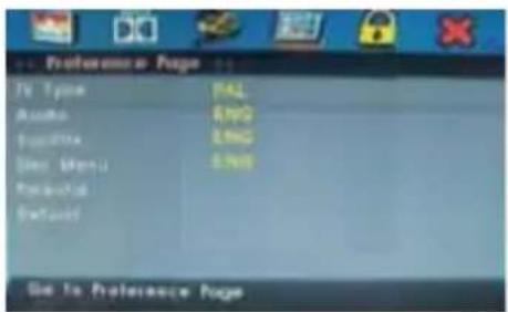 Preference Page TV Type PAL Audio RNG Audio File RNG Menu Menu RNG Formatize Default Go to Preference Page