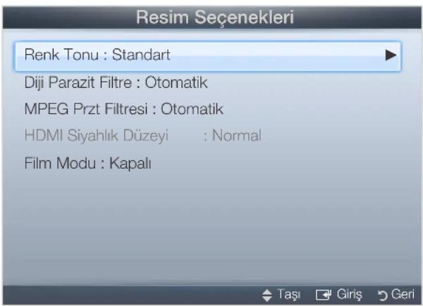 Resim Seçenekleri Renk Tonu : Standart Diji Parazit Filtre : Otomatik MPEG Przt Filtresi : Otomatik HDMI Siyahlık Düzeyi : Normal Film Modu : Kapalı
