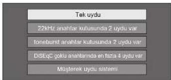 Tek uydu 22kHz anahtar kutusunda 2 uydu var toneburst anahtar kutusunda 2 uydu var DISEQC çoku anaılarında en faza 4 uydu var Müşterek uydu sistemi