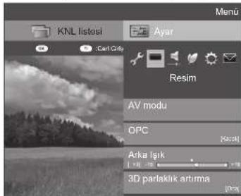 KNL listesi Ayar Resim AV modu OPC Arka lşik 3D parlaklik artıma