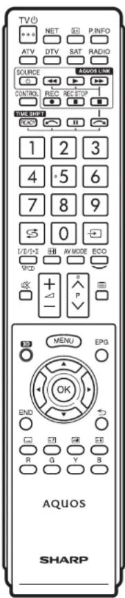 TV NET PINFO ATV DTV SAT RADIO SOURCE ADDORA ENER CONTROL REC REC STOP TIME GRIFT 1 2 3 4 5 6 7 8 9 0 I/D/I E AV MODE ECO VCD + P MENU EPG OK END R G Y B AQUOS SHARP