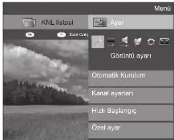 KNL listesi Ayar Görüntü ayarı Otomatik Kurulum Kanal ayarları Hızlı Başlangıç Özel ayar Menu