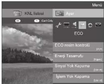 Menu KNL listesi Ayar ECO ECO resim kontrolü Enerji Tasarufu Sinyal Yok Kapama İşlem Yok Kapama