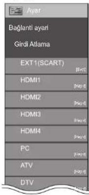 Ayar Baglanti ayari Girdi Atlama EXT1(SCART) HDMI1 HDMI2 HDMI3 HDMI4 PC ATV DTV