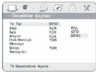 Öncelitler Sayfası Tv Tipi NTSC PSC Açık PAL Ses TÜR OTO Altynn TÜR NTSC Disk Men(ü) TÜR Ebeveye Bölge TÜR Versaylan TV Standardize Ayarla