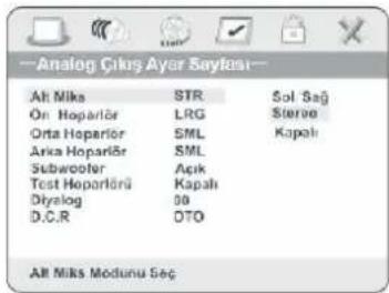 —Analog Çılış Ayer Saytanı— Alt Miks STR Sol Sag Orn Hoparlıör LRG Stereo Orta Hoparlıör SML Kapalı Arka Hoparlıör SML Subwoofer Açık Test Hoparlıörü Kapalı Diyalog 00 D.C.R OTO Alt Miks Modunu Seç