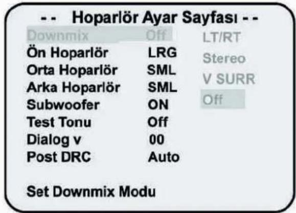 -- Hoparlör Ayar Sayfası -- Downmix Off LT/RT Ön Hoparlör LRG Stereo Orta Hoparlör SML V SURR Arka Hoparlör SML Off Subwoofer ON Test Tonu Off Dialog v 00 Post DRC Auto Set Downmix Modu