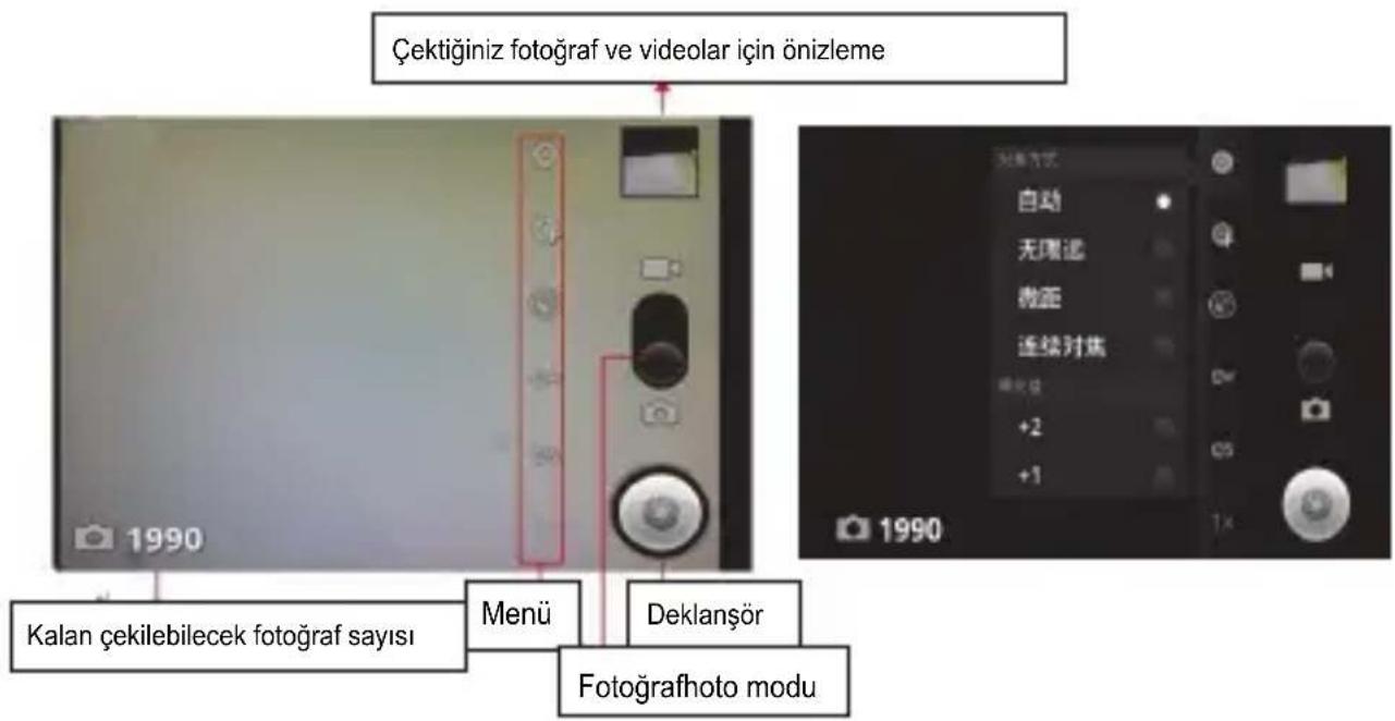 Çektiğiniz fotoğraf ve videolar için önlizleme Kalan çekilebilecek fotoğraf sayısı Menü Deklanşör Fotografhoto modu