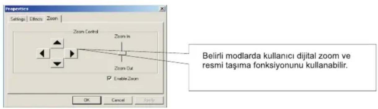 Properties Settings Effects Zoom Zoom Control Zoom In Zoom Out Enable Zoom OK Cancel Apply Belirli modlarda kullanıcı dijital zoom ve resmi taşıma fonksiyonunu kullanabilir.