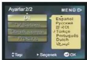 Ayarlar2/2 Dil TV-Satios Pengos-Satios Freskis MENU: Español Русский Öl Turkçe Portugues Dutch Tayi Segenek OK