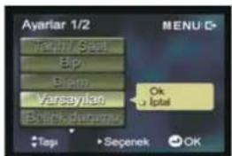 Ayarlar 1/2 Top/ Seat Bip Bipin Varsayilan Borik duranla MENU C Ok Iptal Tags Segenek OK