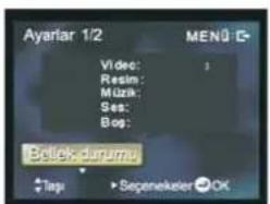 Ayarlar 1/2 MENÜG Video: Resin: Müzik: Set: Bog: Bellek diapum Tapı Segnekekeler OK
