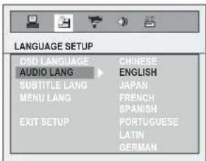 LANGUAGE SETUP CSD LANGUAGE CINESE AUDIO LANG ENGLISH SUBTITLE LANG JAPAN MENU LANG FRENCH SPANISH EXIT SETUP PORTUGUESE LATIN GERMAN