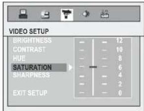 VIDEO SETUP BRIGHTNESS CONTRAST HUE SATURATION SHARPNESS EXIT SETUP