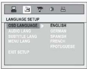 LANGUAGE SETUP OSD LANGUAGE ENGLISH AUDIO LANG GERMAN SUBTITLE LANG SPANISH MENU LANG FRENCH EXIT SETUP FPOTUGUESE