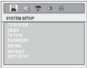 SYSTEM SETUP TV SYSTEM VIDEO TV TYPE PASSWORD RATING DEFAULT EXIT SETUP