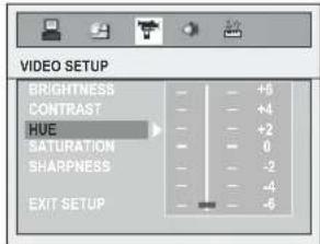VIDEO SETUP BRIGHTNESS CONTRAST HUE SATURATION SHARPNESS EXIT SETUP