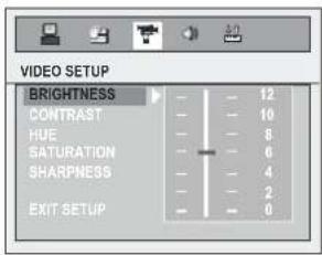 VIDEO SETUP BRIGHTNESS CONTRAST HUE SATURATION SHARPNESS EXIT SETUP 12 10 8 6 4 2 0
