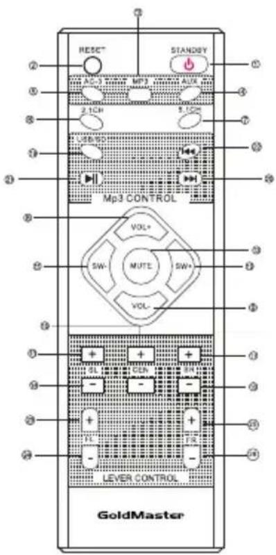 RESET® STANDSY AC- MP3 AUX 2 ICM+ 1 ICM+ VOL- MP3 CONTROL VOL* SW- MUTE SW+ VOL- SL GEN EN FL LEVER CONTROL GoldMaster