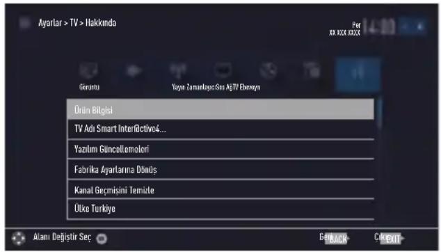 Ayarlar > TV > Hakkında Girantu Yogre Zumartayas Sis AgTV Ebnaya Ürün Bilgisi TV Adi Smart Interactive4... Yazılım Güncellemeleri Fabrika Ayarlarına Dönüs Kanal Geçmisini Temizle Ülke Turkiye