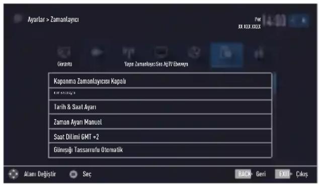 Ayarlar > Zamanlayıcı Per 80. 826. 8325 Gerentu Yapir Zamanlayıcı Sesi AgIV Ebençen Kapanma Zamanlayıcısi Kapolu LIF 40000000 Tarih & Saat Ayarı Zaman Ayarı Manuel Saat Dilimi GMT +2 Güneşigi Tassarrufu Otomatik Alanı Değistir Sec BACK- Geri EXIT- Cıkış